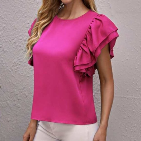 PINK Butterfly Ruffle Sleeve Blouse Minimalist Neu - Picture 2 of 5
